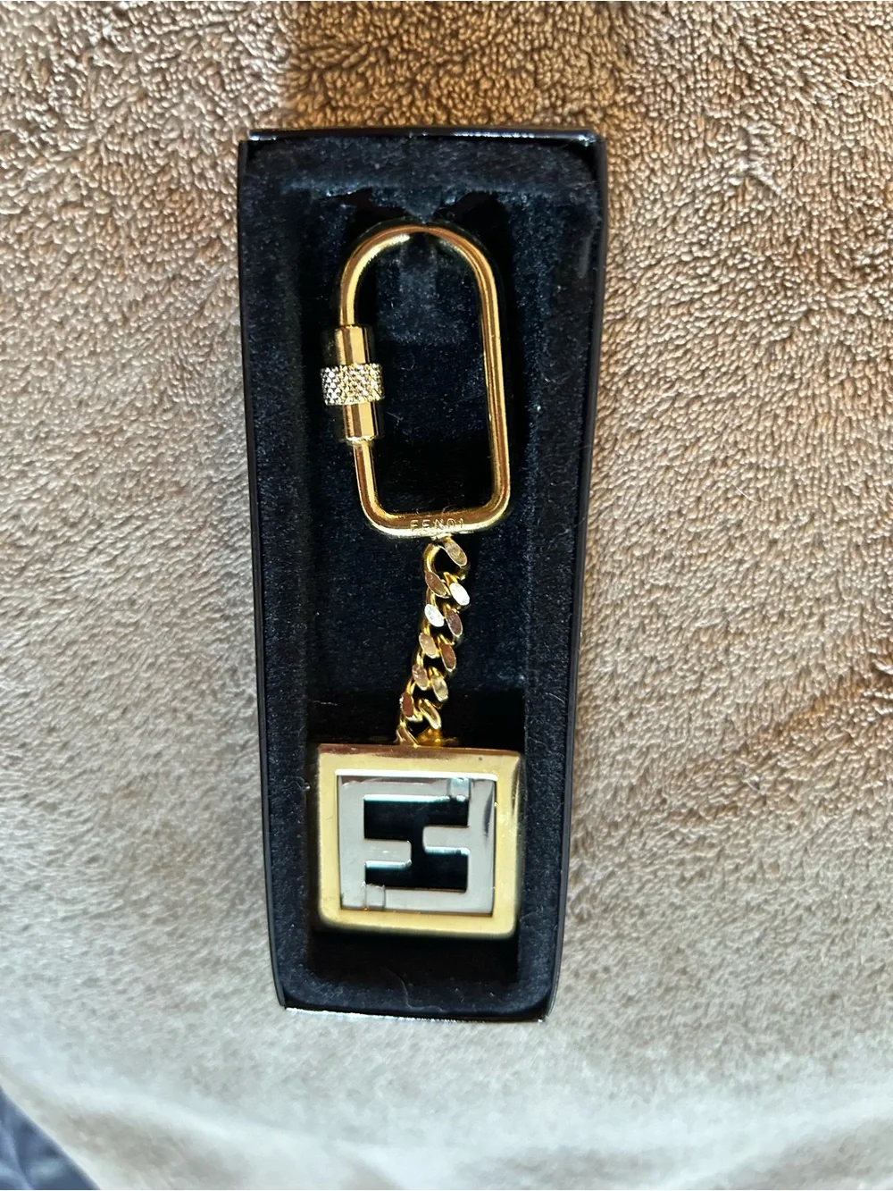 New In Box Fendi 1980s Vintage Gold FF Logo Metal Key Chain Unisex Bag Charm